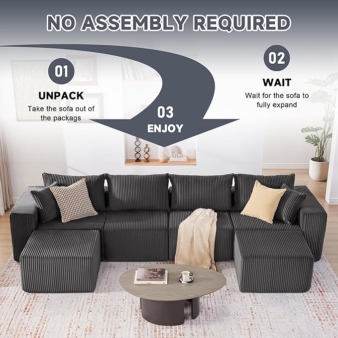 Weture 135.4" Cloud Couch Sectional, Modular Sectional Sofa with Deep Seat, Plush Corduroy U Shaped Boneless Couch, Convertible Sectional Couches for Living Room, 6Seat, Grey