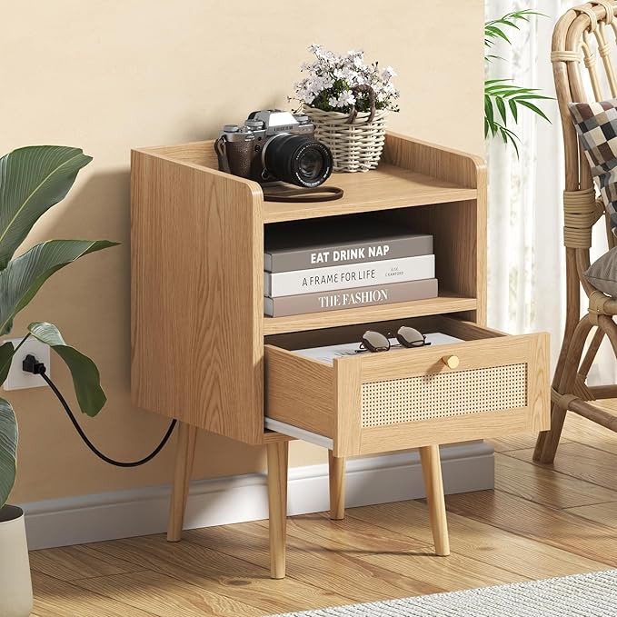 MECHYIN Nightstand with Charging Station & Rattan Decor Drawer, Boho Bedside End Table with Solid Wood Feet, Bed Side Table with Open Storage for Apartment Bedroom Living Room Dorm - Natural