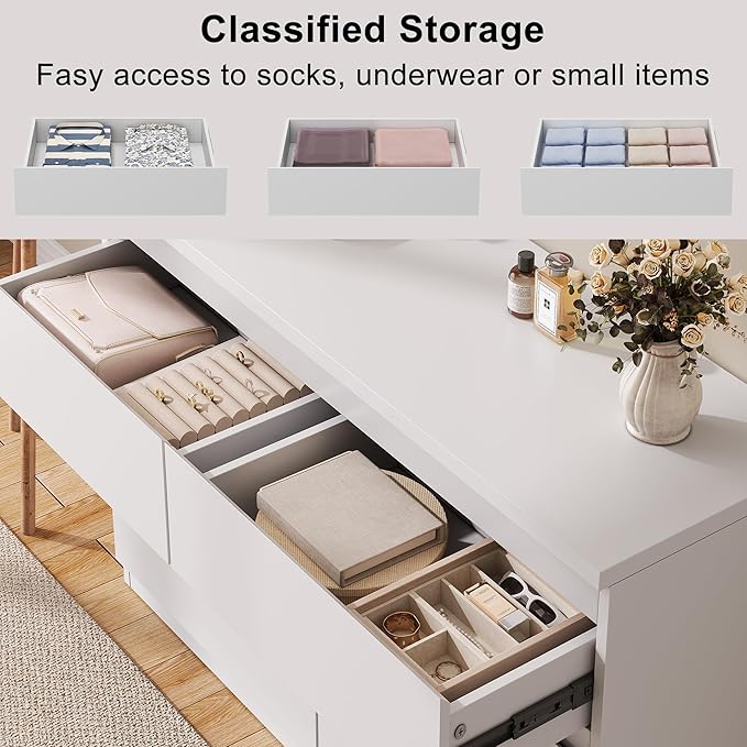 Jocoevol White 6 Drawer Dresser for Bedroom, 15.3" D x 47.2" W x 32.3" H in Simply Modern Chest of Drawers, Wood Storage Double Dresser with Deep Drawers for Living Room, Hallway Entryway, White