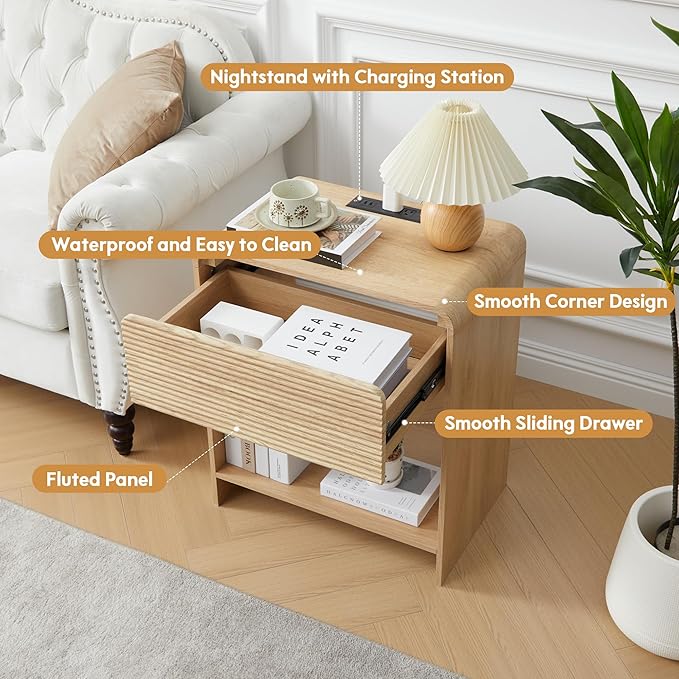 XUZENEST Fluted Nightstand with Charging Station, Mid Century Modern Bed Side Table End Table with Drawer Storage, Large Wooden Night Stands Bedside for Bedroom Living Room Sofa Office, Natural