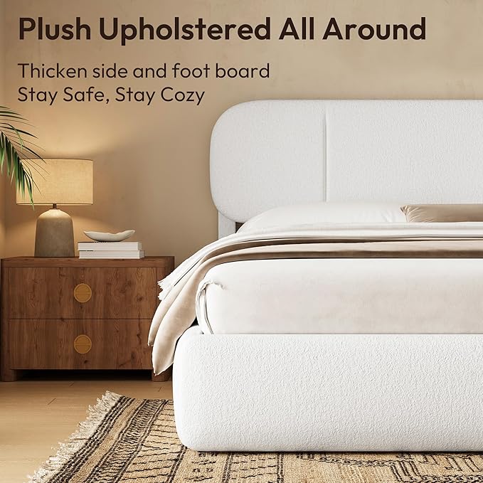 King Size Bed Frame with Storage, Boucle Cloud Bed with 4 Locking Drawers & LED Lights, Modern Upholstered Platform Bed, Plush Sides & Footboard, Adjustable Headboard, No Box Spring, White