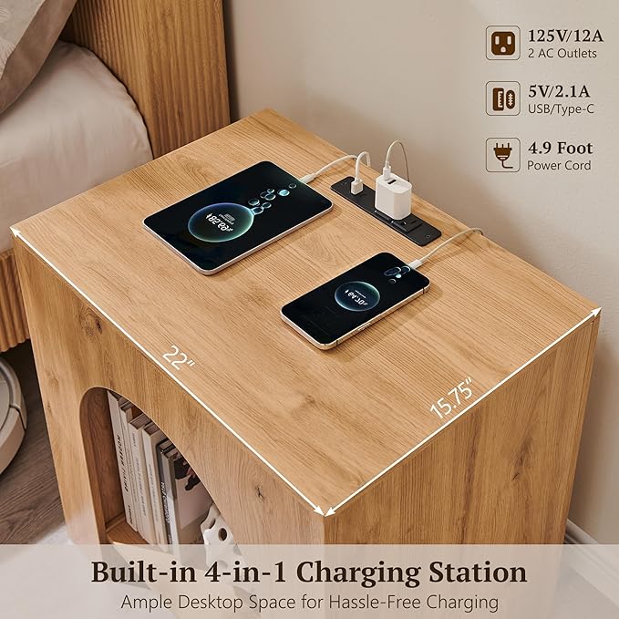 Arched End Table Set of 2 with Type-C Charging Station, 22" Modern Bedroom NightStand with Arched Shelf, Side Table with Outlet, USB, Type-C Port for Bedroom, Natural