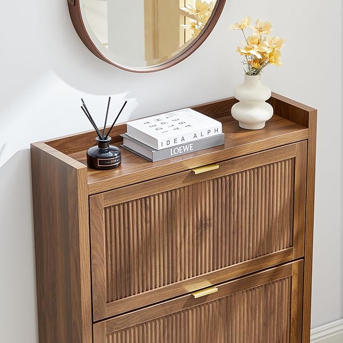 Fluted Shoe Storage Cabinet with 2 Flip Door for Entryway, Modern Freestanding Narrow Wood Shoe Rack Cabinet for Foyer, Front Door, Hallway