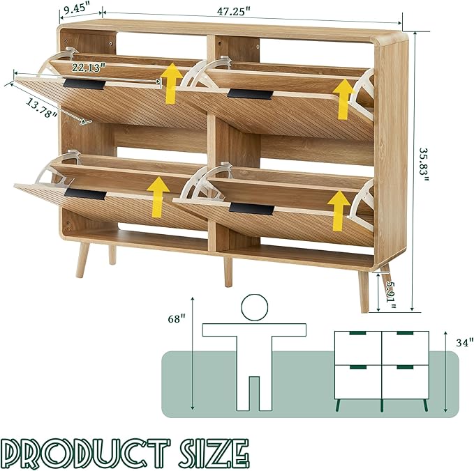 FurSch 47" Fluted Large Shoe Cabinet with 4 Flip Drawers, Slim Freestanding Shoe Cabinet Organizer, Narrow Shoes Storage Rack for Entryway, 5 Sturdy Legs (All Natural, 9.45" D x 47.24" W x 35.83" H)