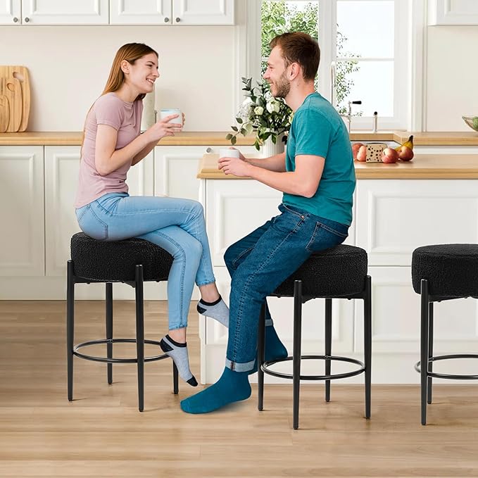 Murago Counter Height Bar Stools, Set of 2, 24" Modern Backless Bar Stools, Ideal for Kitchen Counter, Kitchen Island, Boucle Sherpa Padded Cover, with Round Soft Seat and Foot Rest, Black