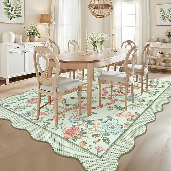 Garvee 10x13 Area Rugs for Living Room Non Slip Botanical Snake Rugs for Bedroom, Boho Scalloped Indoor Stain-Resistant Dining Room Rug for Under Table Carpet for Home Office Playroom Farmhouse,Green