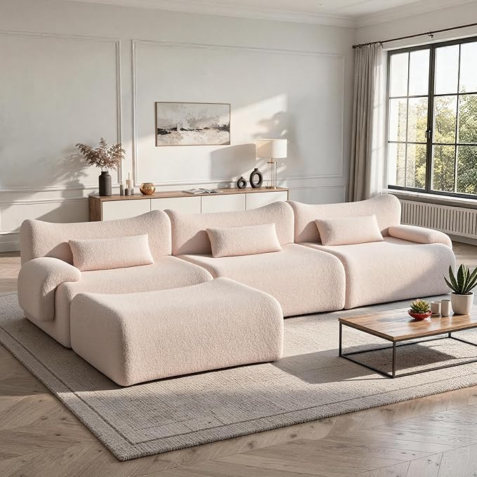 Cloud Couch Sectional, L Shaped Boneless Couches for Living Room - Oversized Modular Sofa with Deep Seats, Modern Couches with Movable Ottoman,Khaki(Pink-Toned)