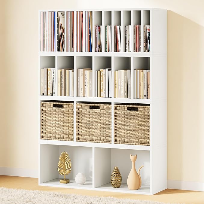 IOTXY DIY Modular Cube Bookcase - CubeXY Customizable Stackable Expandable Combination Set, 23-Cube Open Bookshelf for Books, Fabric Storage Bin, and 7/10-inch Vinyl Record Organizer, White