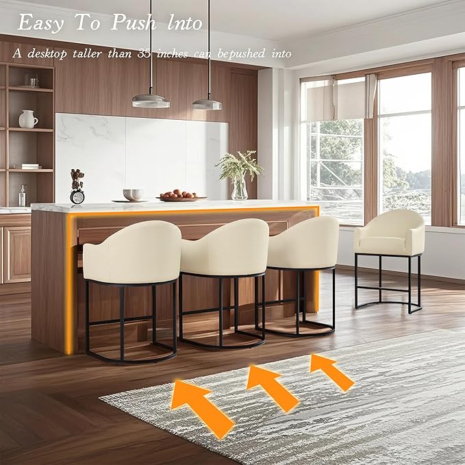 Counter Height Bar Stools Set of 2,Modern Counter Height Bar Stools,PU Leather Upholstered Barrel Barstools with Backs,26'' Kitchen Island Chairs,Metal Black Frames,Beige White Leather
