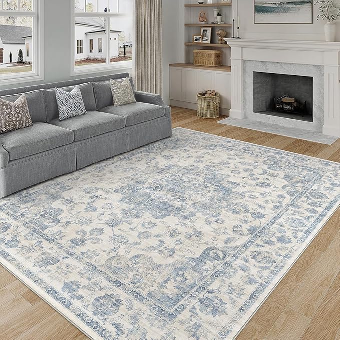 9x12 Neutral Area Rug Blue Vintage Living Room Bedroom Washable Carpet Non-Slip Soft Low Pile Farmhouse Indoor Large Throw Rug for Dining Room Office