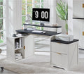 JXQTLINGMU 67" Modern L Shaped Desk with Storage Cabinet & Drawers, Wood Home Office Desk with Power Outlets, Fluted Computer Writing Desk, Antique White