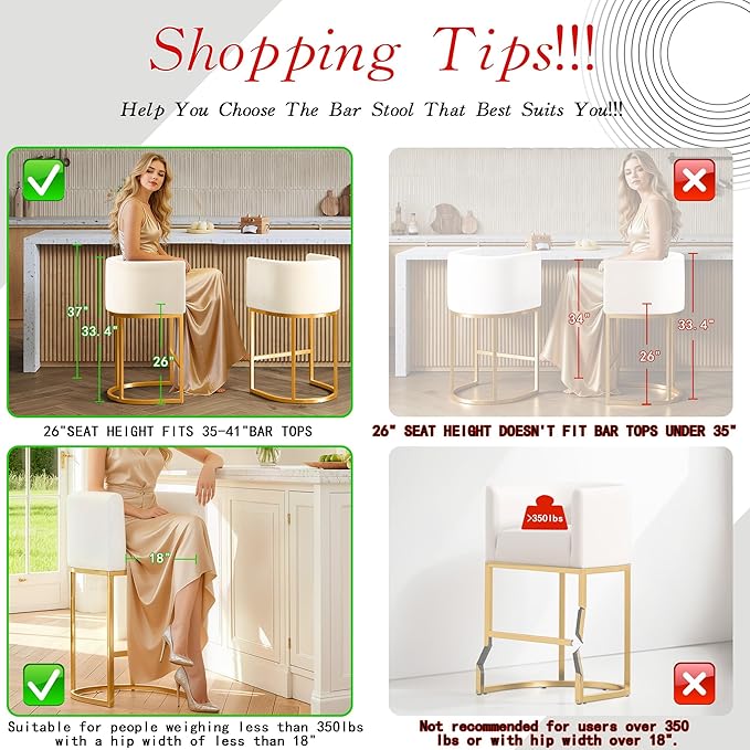 Modern Counter Height Bar Stools,Bar Stools Set of 3,PU Leather Upholstered Barrel Barstools with Backs,26'' Kitchen Island Chairs,Metal Gold Frames,Beige White Leather