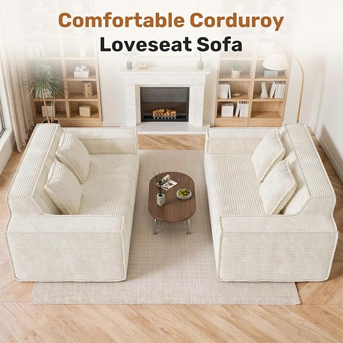 75'' Modern Cloud Loveseat Sofa Set of 2, No Assembly Required Comfy Deep Seat Couches 2 pcs for Living Room, Bedroom, Apartment (Corduroy-Beige)