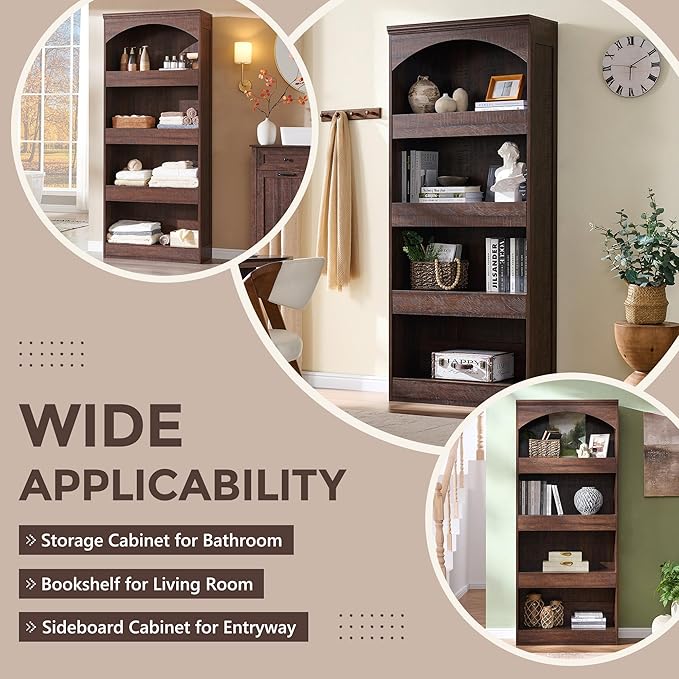 IFGET 76" Tall Arched Bookcase with 1PC Magnetic Lock Drawer, Modern Wooden Arch Bookshelf w/3 Pull-Out Drawers, Farmhouse 4 Tiers Book Shelf w/Open Shelves for Living Room, Office (Brown)