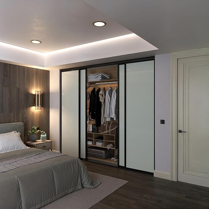 Door55 4 Panel Glass Sliding Closet Door with Aluminum Frame, Silent Glide Technology, Bedroom Closet Doors (Milky Glass, 96x96)