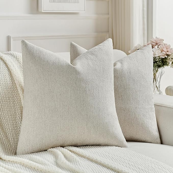 FUTEI Natural Wood Chenille Decorative Throw Pillow Covers 24x24 Inch Set of 2,Soft Cozy Faux Linen Textured European Pillow Shams,Farmhouse Home Decor for Couch Living Room