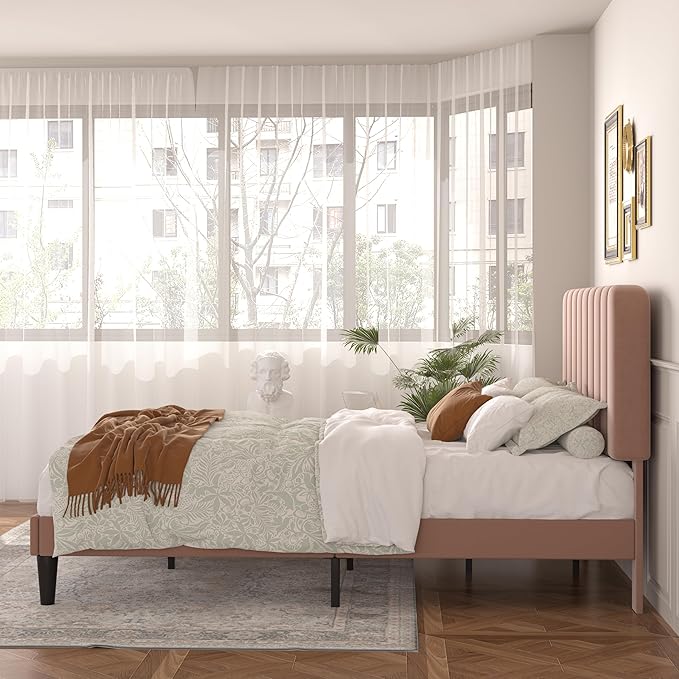 VECELO Full Size Bed Frame with Upholstered Headboard, Velvet Platform Bedframe Mattress Foundation, Strong Wood Slat Support, No Box Spring Needed,Tan Brown