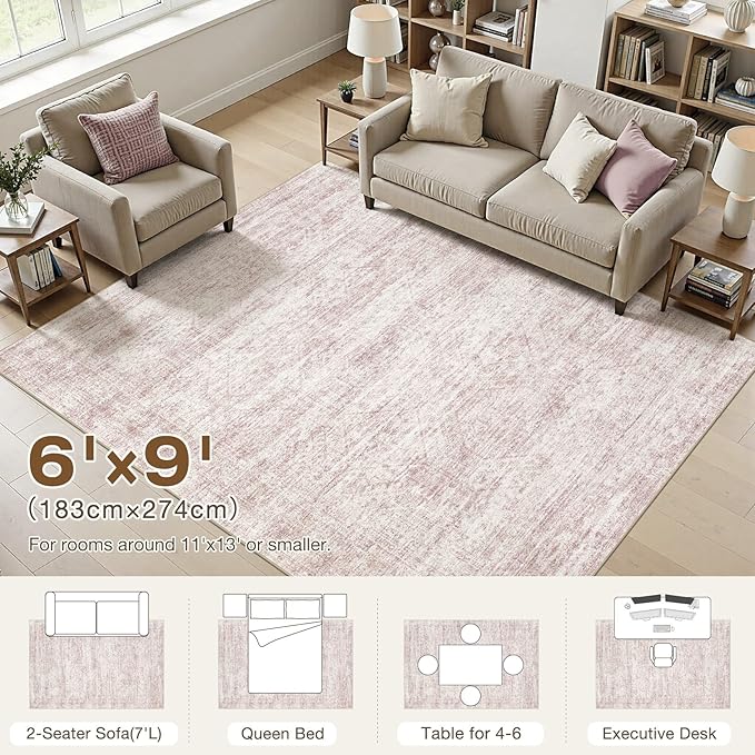 cotiled Large Area Rugs for Living Room 6x9, Machine Washable Rugs with Non Slip Backing Modern Neutral Abstract Rugs Stain Resistant Distressed Carpets for Home Office Decor (6x9 Pink)