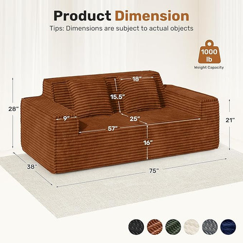 75'' Modern Cloud Loveseat Sofa Set of 2, No Assembly Required Comfy Deep Seat Couches 2 pcs for Living Room, Bedroom, Apartment (Corduroy-Brown)