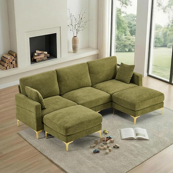 VINGLI 100" W U Shaped Couch with Ottoman, 22" Deep Seat Comfortable Sectional Couches for Living Room, 3 Seater Chenille Fabric Cloud Sofa for Apartment, Small Spaces, Bedroom, Green