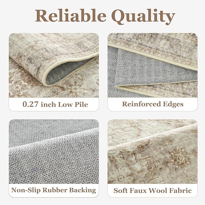 Vintage Beige 3x5 Entryway Rug Indoor Foyer, Neutral Earth Tone Throw Rug for Kitchen Bathroom, Machine Washable Non Slip Ultra Thin Area Rug for Nursery/Bedroom Bedside/Home Office/Dorm
