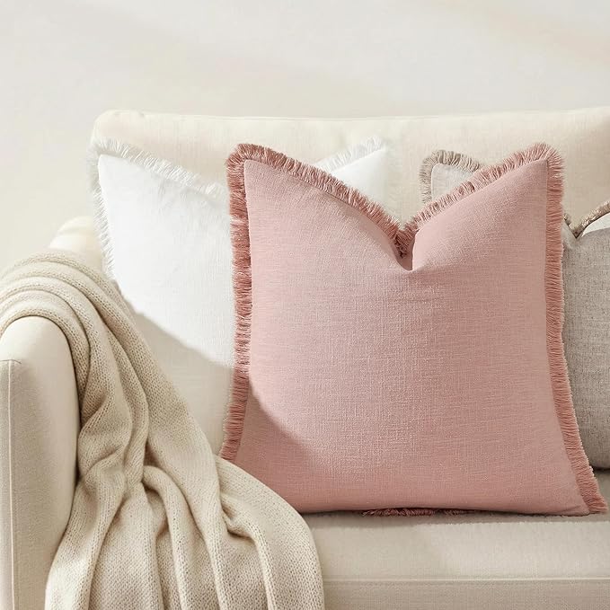 decorUhome Summer Decorative Neutral Linen Fringe Throw Pillow Covers Set of 2 Pink Pillow Covers with Tassels Soft Farmhouse Boho Accent Pillow Cases for Couch Bed Sofa 20x20 Inch
