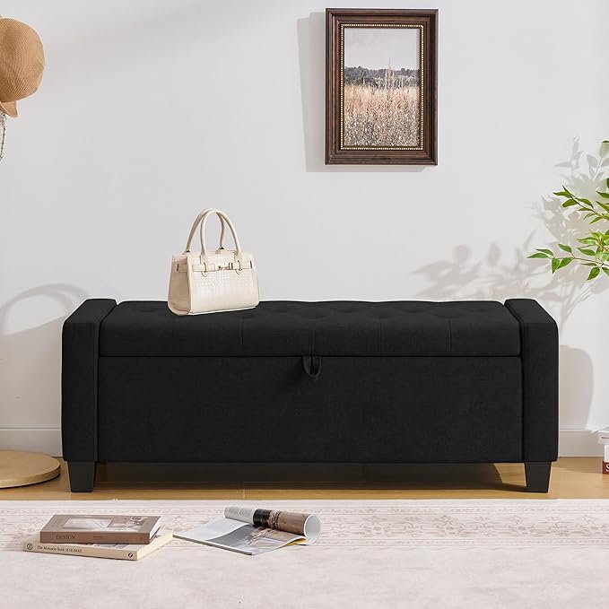Huatean Home 43" Ottoman with Storage, Black Storage Ottoman Bench with Safety Hinge, Upholstered Entryway Bench with Seating for Bedroom, Living Room, Holds up to 330 lb