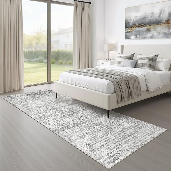 Runner Rug Non-Slip Kitchen Rug: 3x8 Washable Abstract Modern Soft Stain Resistant Indoor Floor Neutral Accent Throw Carpet for Hallway Bathroom Laundry Room Bedroom Entryway- Grey