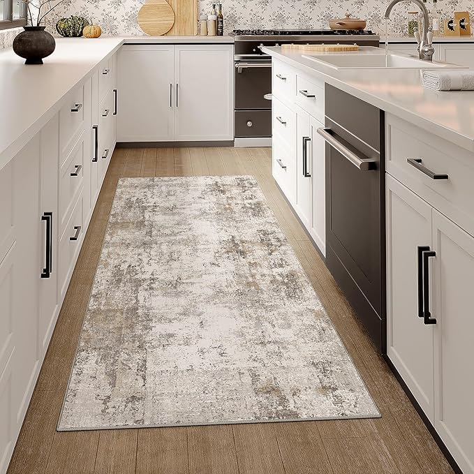 2x5 Washable Runner Rug Brown Grey Abstract Non Slip Soft Low Pile Hallway Kitchen Rug Neutral Modern Carpet for Laundry Bathroom Bedroom Living Room Home Decor