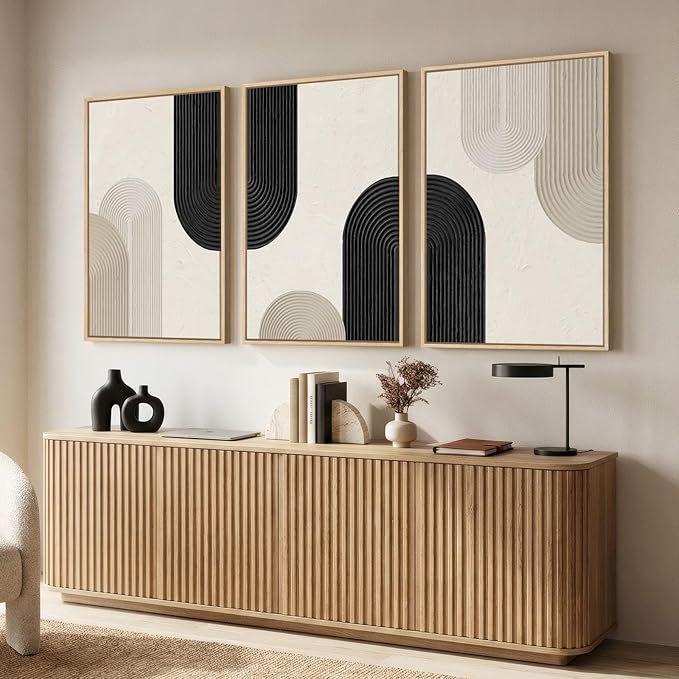 Large Framed Boho Neutral Abstract Wall Art for Living Room, 3 Piece Black and Beige Canvas Prints Artwork for Walls, Modern Minimalist Geometric Wall Decor for Bedroom Dining Room Hallway, 24x36 In