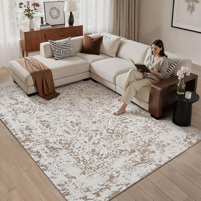 5x7 Fluffy Area Rug Brown Shag Neutral Throw Carpet for Living Room Soft Medium Pile Floral Throw Rug for Bedroom Dorm Office Dining Room Kitchen Modern Decor