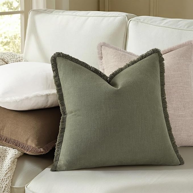 decorUhome Summer Decorative Neutral Linen Fringe Throw Pillow Covers Set of 2 Olive Green Pillow Covers with Tassels Soft Farmhouse Boho Accent Pillow Cases for Couch Bed Sofa 20x20 Inch