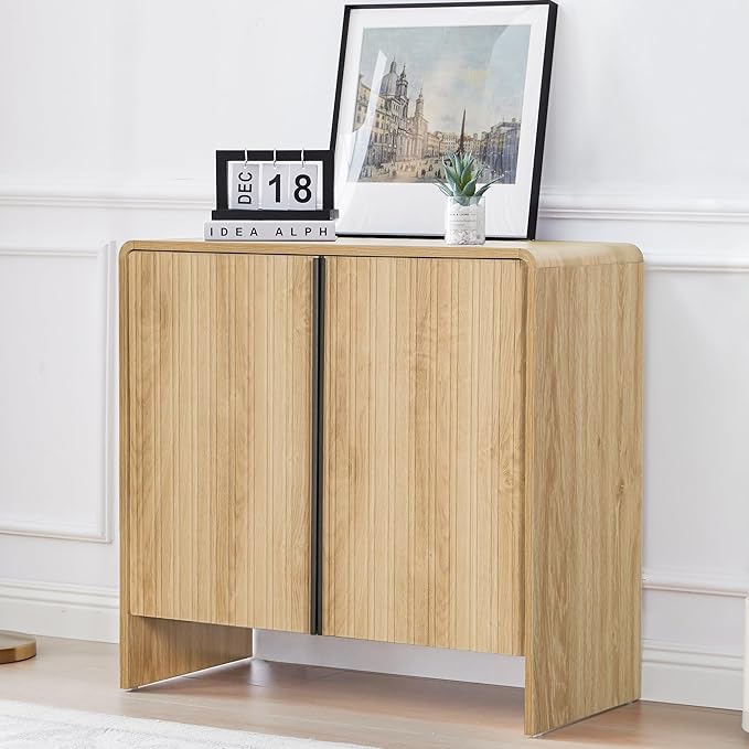 Bifins 31.5” Fluted Sideboard Buffet Cabinet with Storage,Mid Century Modern Small Wood Storage Cabinet with Arched Profile for Dining Room Kitchen Living Room (Oak 1pc)