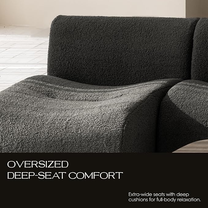 45" Curved Sectional Chaise, Modern Single Sofa Lounge Chair with Deep Seat, Boneless Modular Sherpa Sofas for Small Living Room, Bedroom, Apartment– No Assembly,Grey