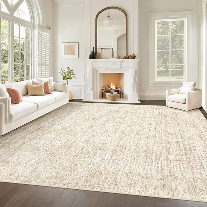Living Room Rugs 10x14: Washable Moroccan Geometric Boho Rug Farmhouse Non Slip Stain Resistant Large Rug Low Pile Soft Carpet for Bedroom Dining Room Kids Room (Beige,10x14)