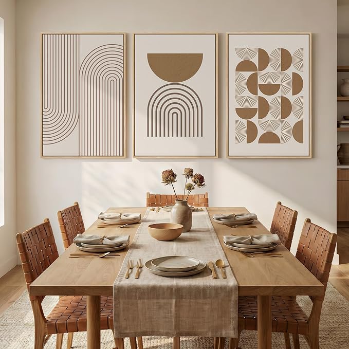 Large Framed Abstract Neutral Boho Wall Art for Living Room, 3 Piece Beige Mid Century Modern Canvas Artwork for Walls, Bauhaus Geometric Prints for Bedroom Office Dining Room Wall Decor, 24x36 Inch