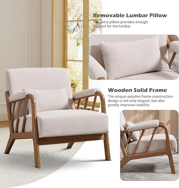 IOMOR Mid Century Modern Accent Chair with Solid Wood Frame, Upholstered Living Room Chairs with Lumbar Cushion Padded Arms, Reading Armchair for Bedroom (1, Beige)