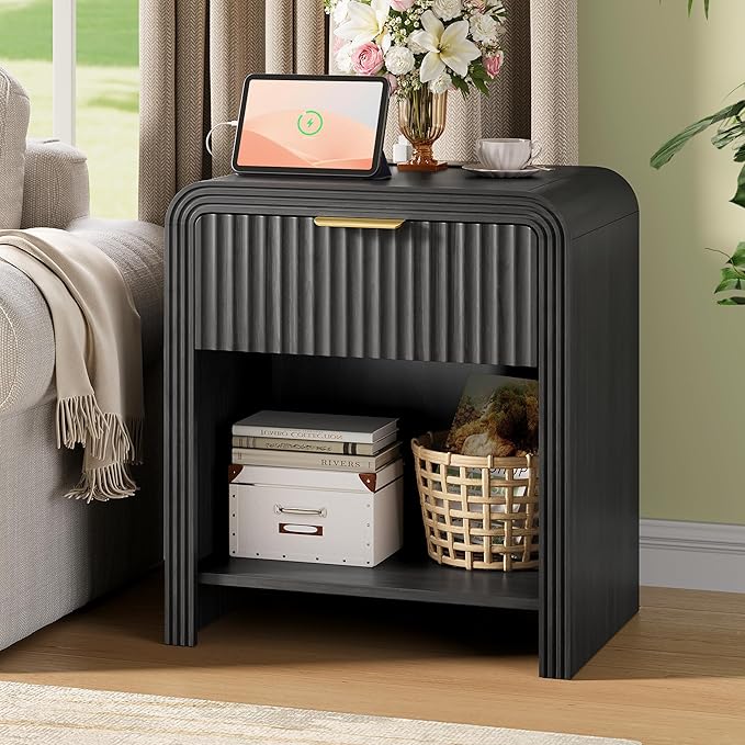 Decofy Fluted Nightstand with Charging Station, Modern Bedroom Side Table with Gold Handles, Curved Profile Design, End Table Wood Organizer for Bedroom, Open Shelf & 1 Drawers (1 Pack, Dark Walnut)