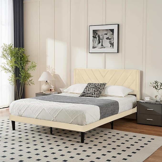 Queen Bed Frame with Headboard, Bed Frame Queen Size with Sturdy Wooden Slats Support, Platform Bed Frame with Velvet Upholstered Headboard, Mattress Foundation, Easy Assembly, No Box Spring Needed