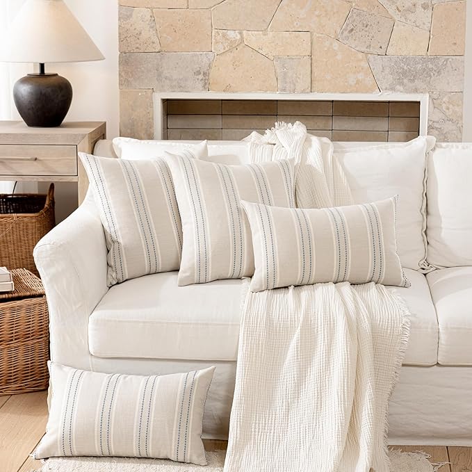 Hckot Throw Pillow Covers 16x16 Set of 2 Blue Pillow Covers Farmhouse Decorative Pillows Textured Linen Square Cushion Covers for Sofa Couch Bed Living Room Decor(Dusty Blue)