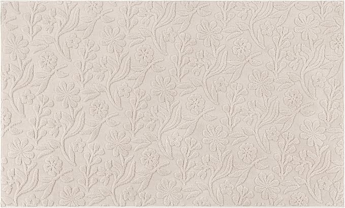 Vaukki 3x5 Area Rug for Living Room, Soft Fluffy Washable Modern Floral Indoor Floor Mat, Non Slip Shaggy Boho Accent Throw Carpet for Bedroom, Living Room, Nursery and Dining Room, Beige