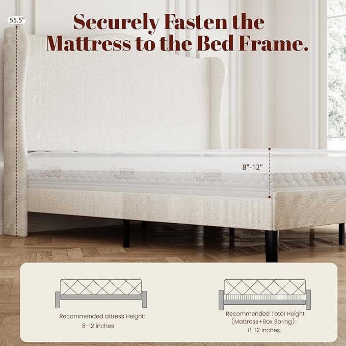 King Bed Frame with Extra Tall 55.5" Wingback Headboard, White Boucle Upholstered Platform Bed Frame, Modern Cloud Bed, Noise-Free, Metal Slats Support, No Box Spring Needed