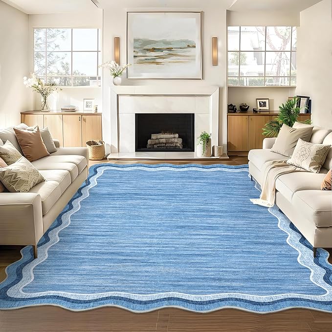 Garvee Scalloped 10x13 Area Rugs for Living Room Large Washable Rugs,Neutral Solid Rug Stain Resistant Non Slip Floor Mat Carpet Indoor Accent Rug for Bedroom Dining Room Playroom Home Decor,Blue