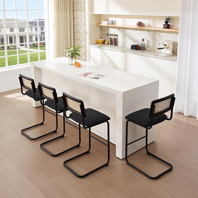 Zesthouse Rattan Bar Stools Set of 2, 30'' Upholstered Boucle Fabric Barstools with Wooden Back & Natural Cane Mesh, Mid Century Cantilevered Design High Chairs for Kitchen Bar with Chrome Base, Black
