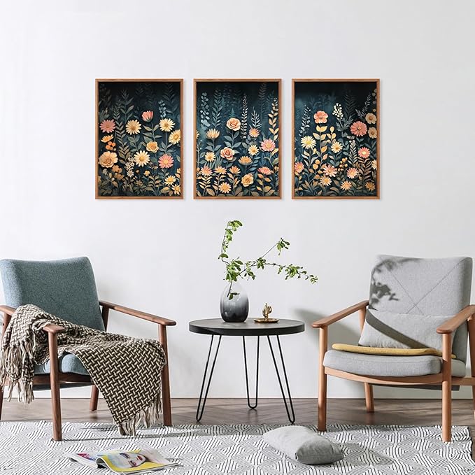 HPNIUB Modern Dark Wildflower Framed Canvas Wall Art Set,Minimalist Nature Jungle Botanical Landscape Wall Decor, (12x16 Inch) Farmhouse Painting for Living Room, Bedroom, Office