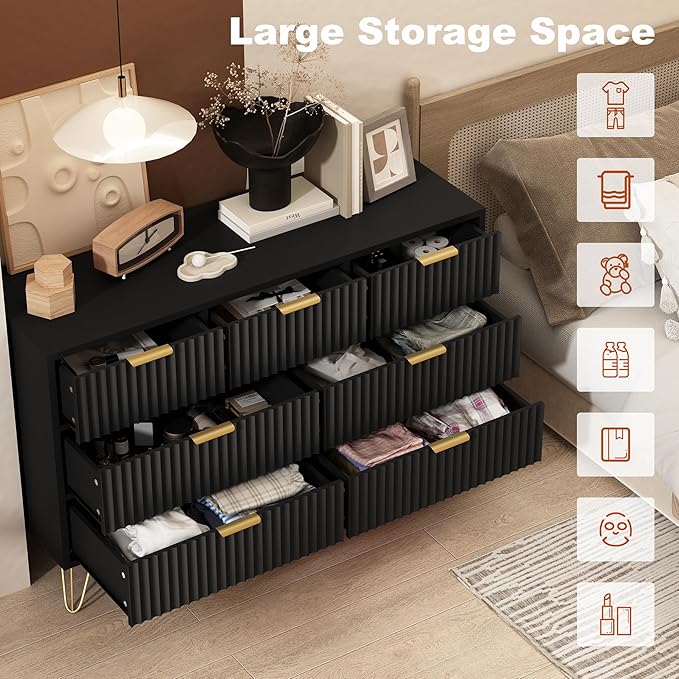 Black Dresser for Bedroom, 7 Drawers Dresser with Golden Handles, Modern Wood Chest for Living Room, Hallway, Entryway