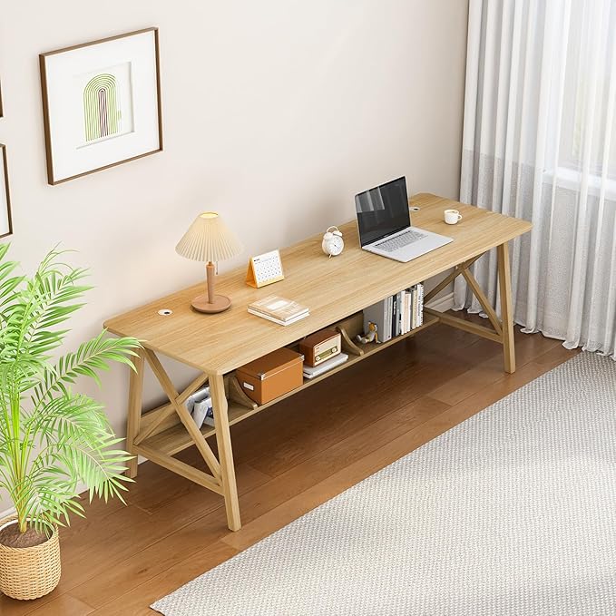 NELYE Extra Long Desk with Bookshelf - Wooden Home Office Work Study Table, 2-Person Writing Computer Workstation with Storage Shelf in Oak, 71" Wx20 Dx30 H