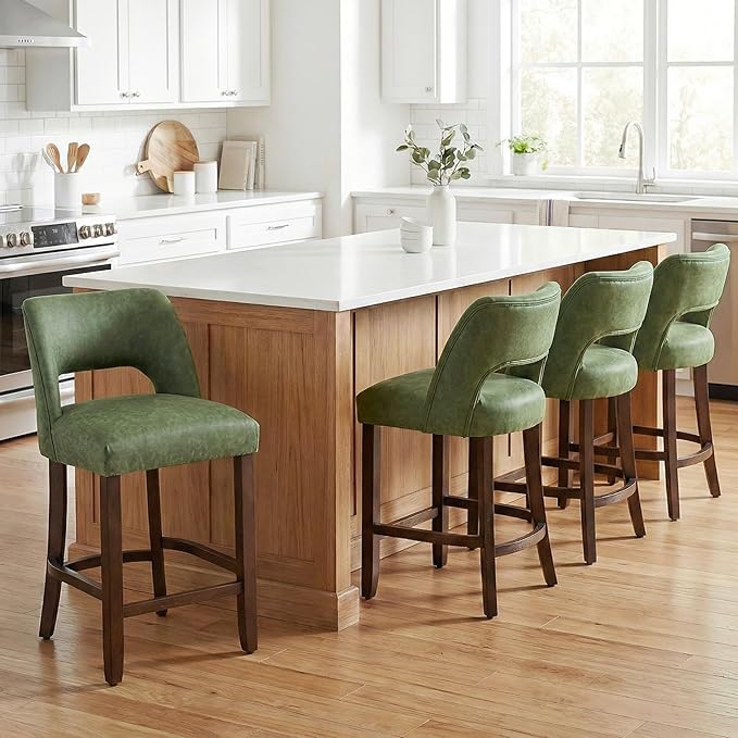 VKNOW 26" Bar Stools Set of 2, Faux Leather Counter Height Bar Stools with Backrest and Rubberwood Legs, Upholstered Barstools for Kitchen Island, Bar and Dining Room, Green