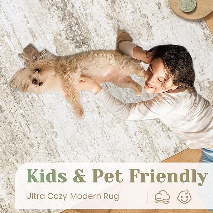 Washable Rug 5x7 Area Rugs for Living Room: Neutral Soft Rug Abstract Non Slip Low Pile Modern Carpet for Bedroom Kitchen Nursery Office Dining Room Indoor (Beige, 5'x7')