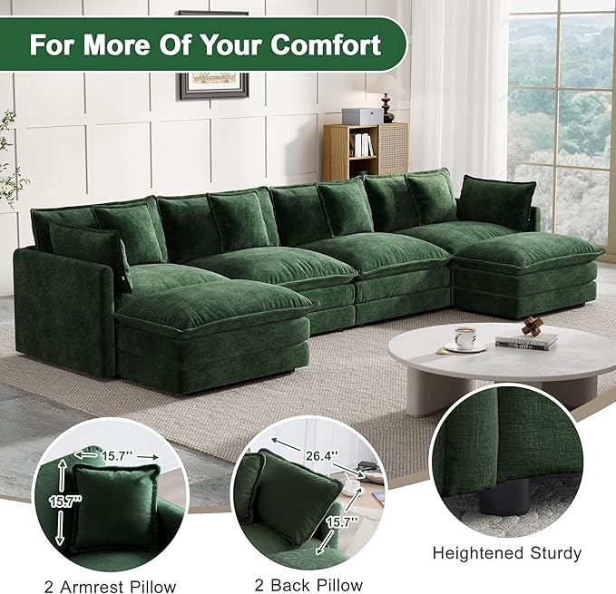 Modular Sectional Sofa, 146.5 Inch U-Shaped Cloud Sofa with Deep Seat Chenille Sofa with Cushions, Four Seater Sectional Sofa for Living Room Apartment,Evergreen